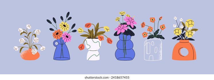 Modern vases with flowers set. Peony, tulipe in patterned pottery pot. Bloom bouquet in glass pitcher. Different plants in flowerpots. Floral interior decoration. Flat isolated vector illustrations