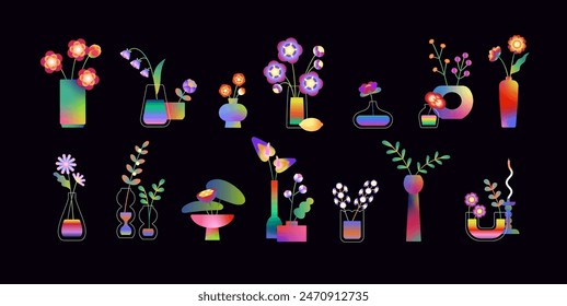 Modern vases in gradient style set. Abstract flowers in glass pots with different geometric shapes, forms. Stylized blossom plants in trendy colourful pitchers. Flat isolated vector illustrations