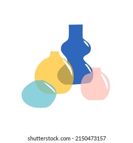 Modern vases vector illustration with colored glass bottles and jars transparent. Ikebana minimalist background. Trendy print for package branding, social media, greeting