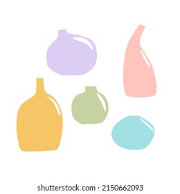 Modern vases vector illustration with colored glass bottles and jars transparent. Ikebana minimalist background. Trendy print for package branding, social media, greeting