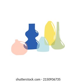 Modern vases vector illustration with colored glass bottles and jars transparent. Ikebana minimalist background. Trendy print for package branding, social media, greeting