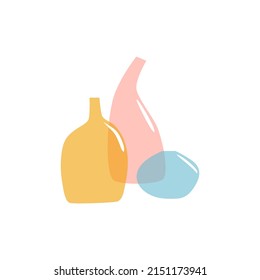 Modern vases vector illustration with colored glass bottles and jars transparent. Ikebana minimalist background. Trendy print for package branding, social media, greeting