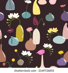 Modern vases vector illustration. Seamless pattern with colored glass bottles and jars with flowers. Ikebana minimalist background. Trendy print for fabric, wrapping paper, package branding