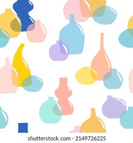 Ilustración vectorial de jarrones modernos. Patrón inmaculado con botellas de vidrio de color y jarras con flores. Fondo minimalista de Ikebana. Impresión de moda para tela, papel de envoltura, marca de paquete