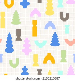 Modern vases vector illustration. Seamless pattern with colored glass bottles and jars. Minimalist background. Trendy print for fabric, wrapping paper, package branding