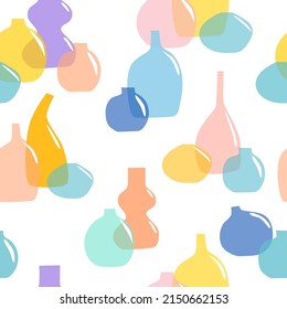 Modern vases vector illustration. Seamless pattern with colored glass bottles and jars with flowers. Ikebana minimalist background. Trendy print for fabric, wrapping paper, package branding