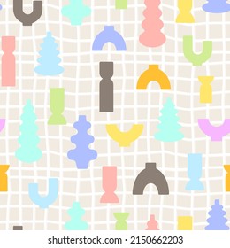 Modern vases vector illustration. Seamless pattern with colored glass bottles and jars. Minimalist background. Trendy print for fabric, wrapping paper, package branding