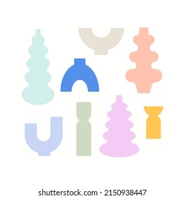 Modern vases vector illustration. Seamless pattern with colored glass bottles and jars. Minimalist background. Trendy print for fabric, wrapping paper, package branding