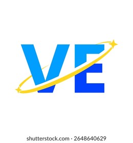 Logotipo moderno do monograma VE com swoosh amarelo dinâmico e estrelas, simbolizando inovação, movimento e excelência. Perfeito para tecnologia ou marca com tema espacial.