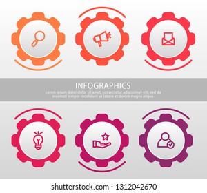 Modern vector 3D illustration. Infographic gears template with six elements, icons. Designed for business, presentations, web design, interface, workflow layout, diagrams with 6 steps.
