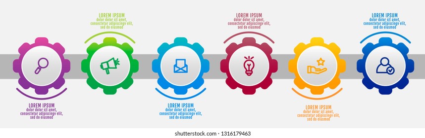 Modern vector 3D illustration. Infographic gears template with six elements, icons. Designed for business, presentations, web design, interface, workflow layout, diagrams with 6 steps.