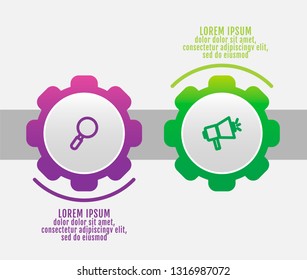 Modern vector 3D illustration. Infographic gears template with two elements, icons. Designed for business, presentations, web design, interface, workflow layout, diagrams with 2 steps.