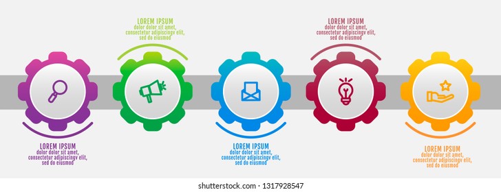 Modern vector 3D illustration. Infographic gears template with five elements, icons. Designed for business, presentations, web design, interface, workflow layout, diagrams with 5 steps