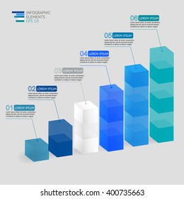 Modern vector 3D  illustration infographic for statistics,  analytics, financial reports, presentation and web design with transparent growing graph in blue colors.