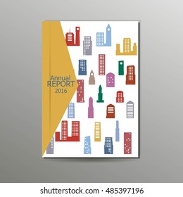 Modern Vector Abstract A4 Brochure, Book, Flyer Design Template With Colorful Buildings Background