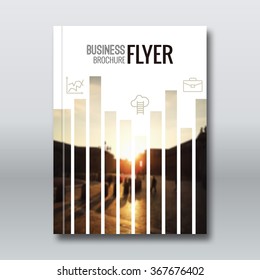 Modern Vector Abstract Brochure, Report or Flyer Design Template. Vector illustration. Technology Background with Blurred sunrise Urban Textured Backdrop.