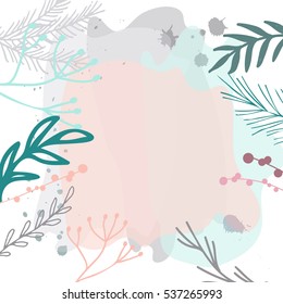 Modern vector abstract floral header. Hand drawn laurels ,fir tree branches and berries twigs. Creative universal background. Perfect for invitations, cards, web design.