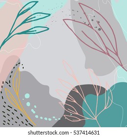 Modern vector abstract floral header. Hand drawn leaves outlines on watercolor style pastel background. Creative universal background. Perfect for invitations, cards, web design.