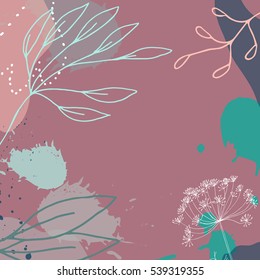 Modern vector abstract floral header. Hand drawn flowers and leaves. Creative universal background with paint splashes in purple, gray and blue on mauve backdrop. Perfect for invitations, cards, web design.