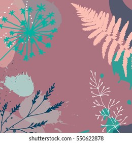 Modern vector abstract floral header. Hand drawn flowers and leaves. Creative universal background with paint splashes in purple, gray and blue. Perfect for invitations, cards, web design.