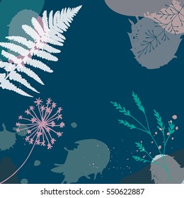 Modern vector abstract floral header. Hand drawn flowers and leaves. Creative universal background with paint splashes in purple, gray and blue. Perfect for invitations, cards, web design.