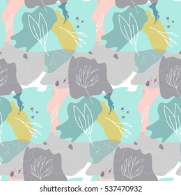 Modern vector abstract floral seamless pattern. Hand drawn leaves outlines on watercolor style pastel background. Creative universal background. Perfect for invitations, cards, web design.
