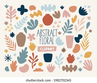 Modern vector abstract floral set with plants, leaves, vases, flowers, bushes, graphic elements, shapes, hearts in trendy boho colors