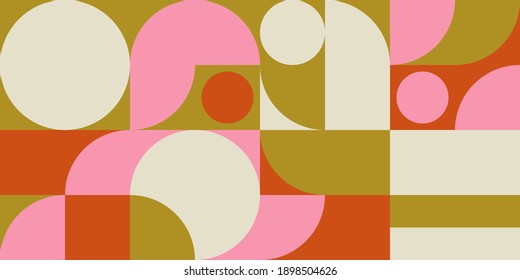 Modern vector abstract  geometric background with circles, rectangles and squares  in retro scandinavian style. Pastel colored simple shapes graphic pattern.