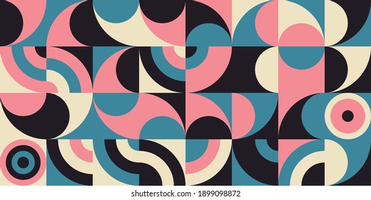 Modern vector abstract  geometric background with circles, rectangles and squares  in retro scandinavian style. Pastel colored simple shapes graphic pattern.
