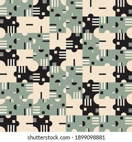 Fondo geométrico abstracto vectorial moderno con círculos, rectángulos y cuadrados en estilo catastrófico retro. Las formas simples de color pastel muestran un patrón transparente. Resumen de arte en mosaico.