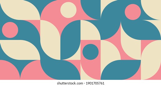 Modern vector abstract  geometric background with circles, rectangles and squares  in retro scandinavian style. Pastel colored simple shapes graphic pattern.