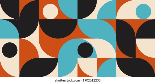 Moderner, abstrakter, geometrischer Hintergrund mit Kreisen, Rechtecken und Quadraten im Retro-Skandinavien-Stil. Pastellfarbene, einfache Formen, grafisches Muster.