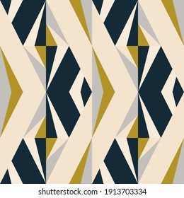 Modern vector abstract geometric background with triangles, rectangles, squares and chevrons in retro scandinavian style. Pastel colored simple shapes graphic seamless pattern.
