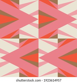 Modern vector abstract geometric background with triangles, rectangles, squares and chevrons in retro scandinavian style. Pastel colored simple shapes graphic seamless pattern.
