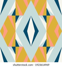 Modern vector abstract geometric background with triangles, rectangles, squares and chevrons in retro scandinavian style. Pastel colored simple shapes graphic seamless pattern.

