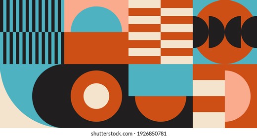 Modern vector abstract  geometric background with circles, rectangles and squares  in retro scandinavian style. Pastel colored simple shapes graphic pattern. Abstract mosaic artwork.