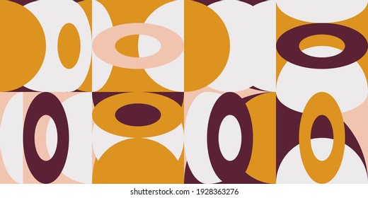 Modern vector abstract  geometric background with circles, rectangles and squares  in retro scandinavian style. Pastel colored simple shapes graphic pattern.
