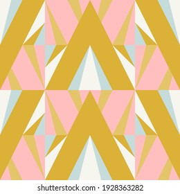 Modern vector abstract geometric background with triangles, rectangles, squares and chevrons in retro scandinavian style. Pastel colored simple shapes graphic seamless pattern.
