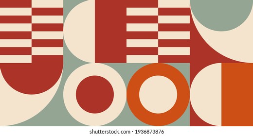 Modern vector abstract  geometric background with circles, rectangles and squares  in retro scandinavian style. Pastel colored simple shapes graphic pattern. Abstract mosaic artwork.