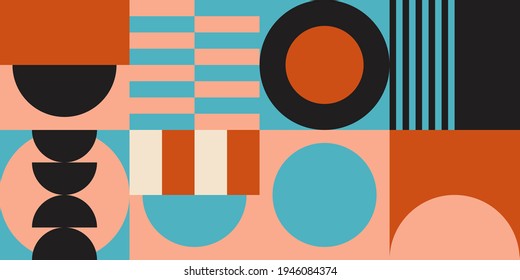 Fondo geométrico abstracto vectorial moderno con círculos, rectángulos y cuadrados en estilo catastrófico retro. Patrón gráfico de formas simples de color pastel. Resumen de arte en mosaico.