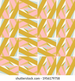 Modern vector abstract geometric background with triangles, rectangles, squares and chevrons in retro scandinavian style. Pastel colored simple shapes graphic seamless pattern.
