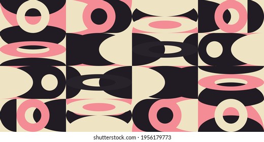 Fondo geométrico abstracto vectorial moderno con círculos, rectángulos y cuadrados en estilo catastrófico retro. Patrón gráfico de formas simples de color pastel.