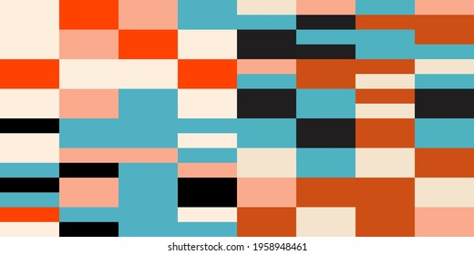 Moderner, abstrakter, geometrischer Hintergrund mit Kreisen, Rechtecken und Quadraten im Retro-Stil. Pastellfarbene, einfache Formen, grafisches Muster. Abstrakte Mosaikkunst.