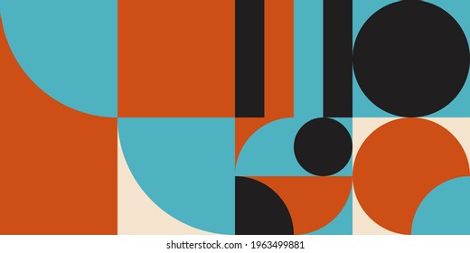 Modern vector abstract  geometric background with circles, rectangles and squares  in retro scandinavian style. Pastel colored simple shapes graphic pattern.