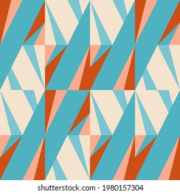Modern vector abstract geometric background with triangles, rectangles, squares and chevrons in retro scandinavian style. Pastel colored simple shapes graphic seamless pattern.
