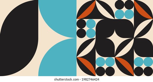 Modern vector abstract  geometric background with circles, rectangles and squares  in retro scandinavian style. Pastel colored simple shapes graphic pattern.