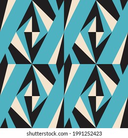 Modern vector abstract geometric background with triangles, rectangles, squares and chevrons in retro scandinavian style. Pastel colored simple shapes graphic seamless pattern.
