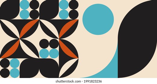 Modern vector abstract  geometric background with circles, rectangles and squares  in retro scandinavian style. Pastel colored simple shapes graphic pattern.