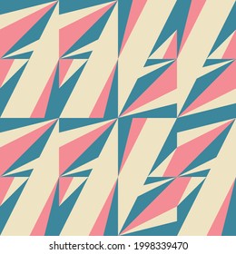Modern vector abstract geometric background with triangles, rectangles, squares and chevrons in retro scandinavian style. Pastel colored simple shapes graphic seamless pattern.
