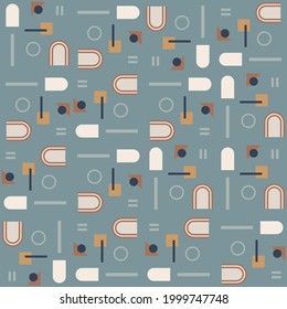 Modern vector abstract  geometric background with circles, rectangles and squares  in retro scandinavian style. Pastel colored simple shapes graphic seamless pattern. Abstract mosaic artwork.